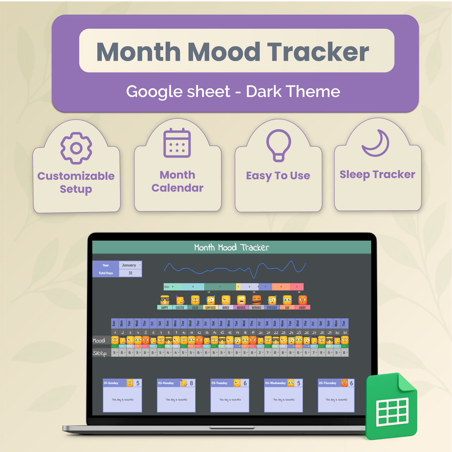 Digital MONTH Mood & Sleep TRACKER- Dark theme