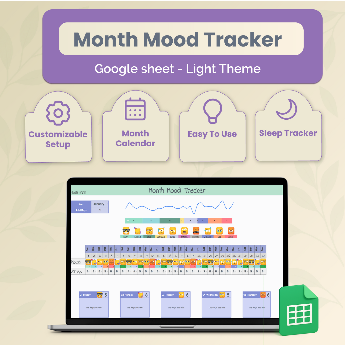 Digital MONTH Mood & Sleep TRACKER- Light theme