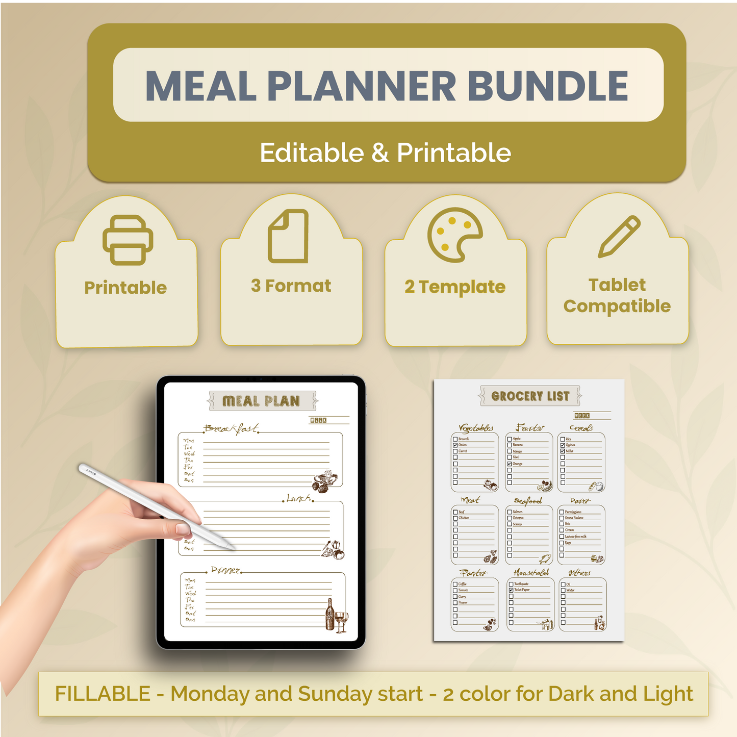 FREE Meal Planner Printable Fillable| Daily Food Journal, Grocery List, Food Diary, Meal Tracker