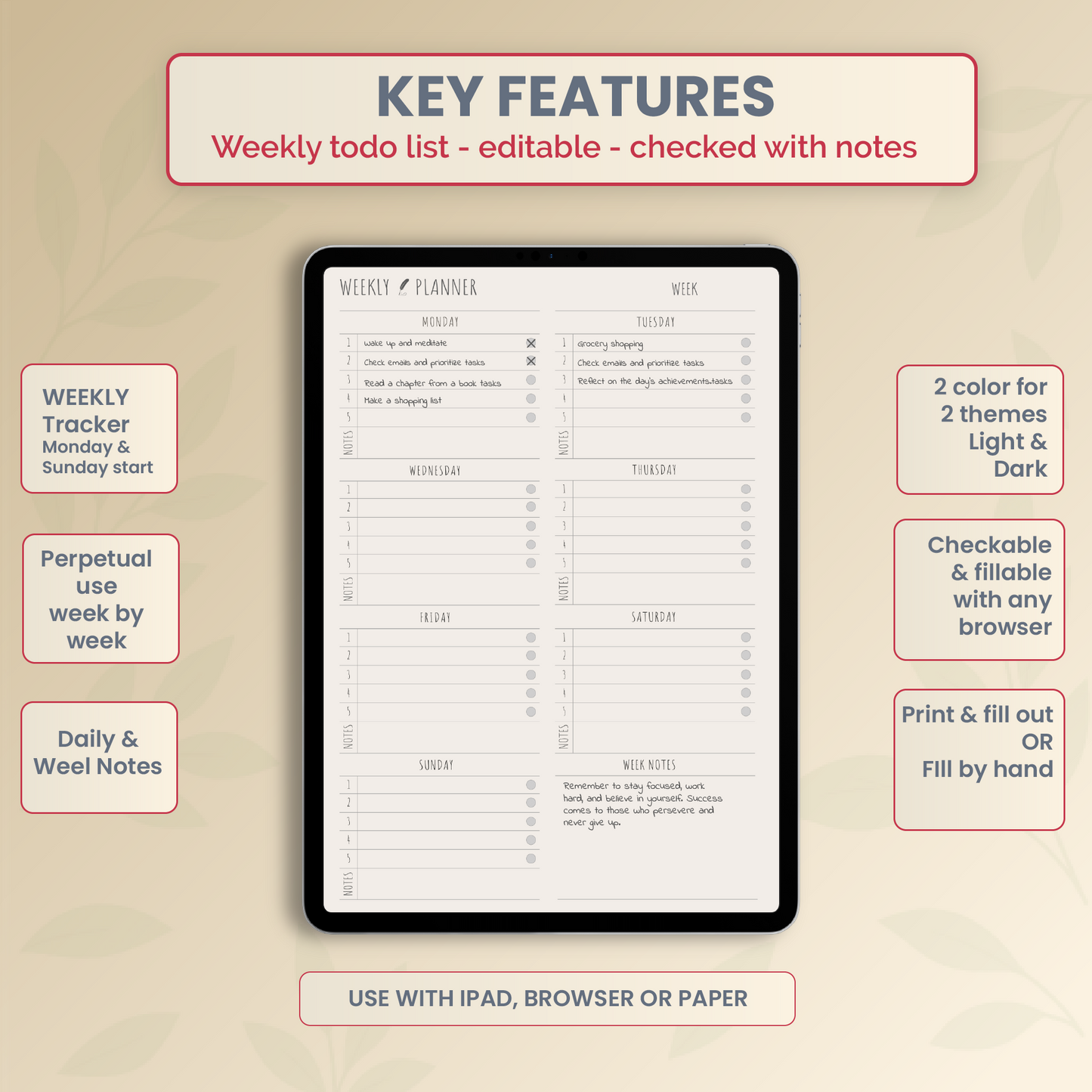 Editable Weekly To-Do List key features