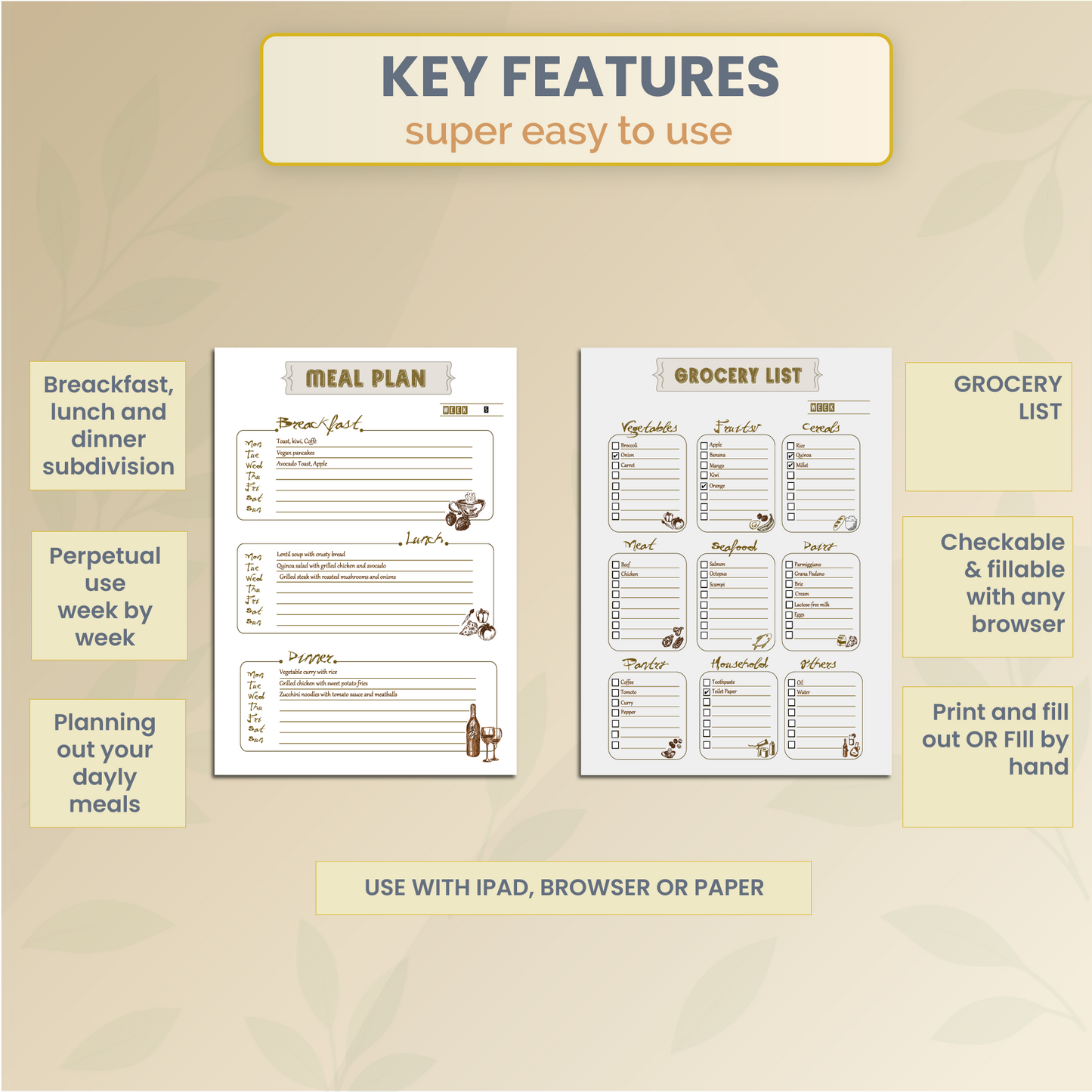 FREE Meal Planner Printable Fillable| Daily Food Journal, Grocery List, Food Diary, Meal Tracker