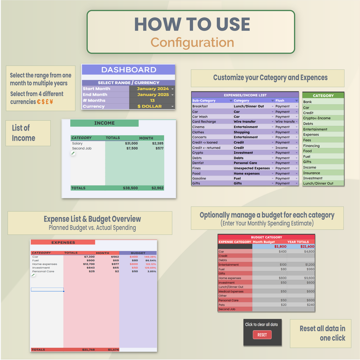 Google Sheets expense and budget manager configuration