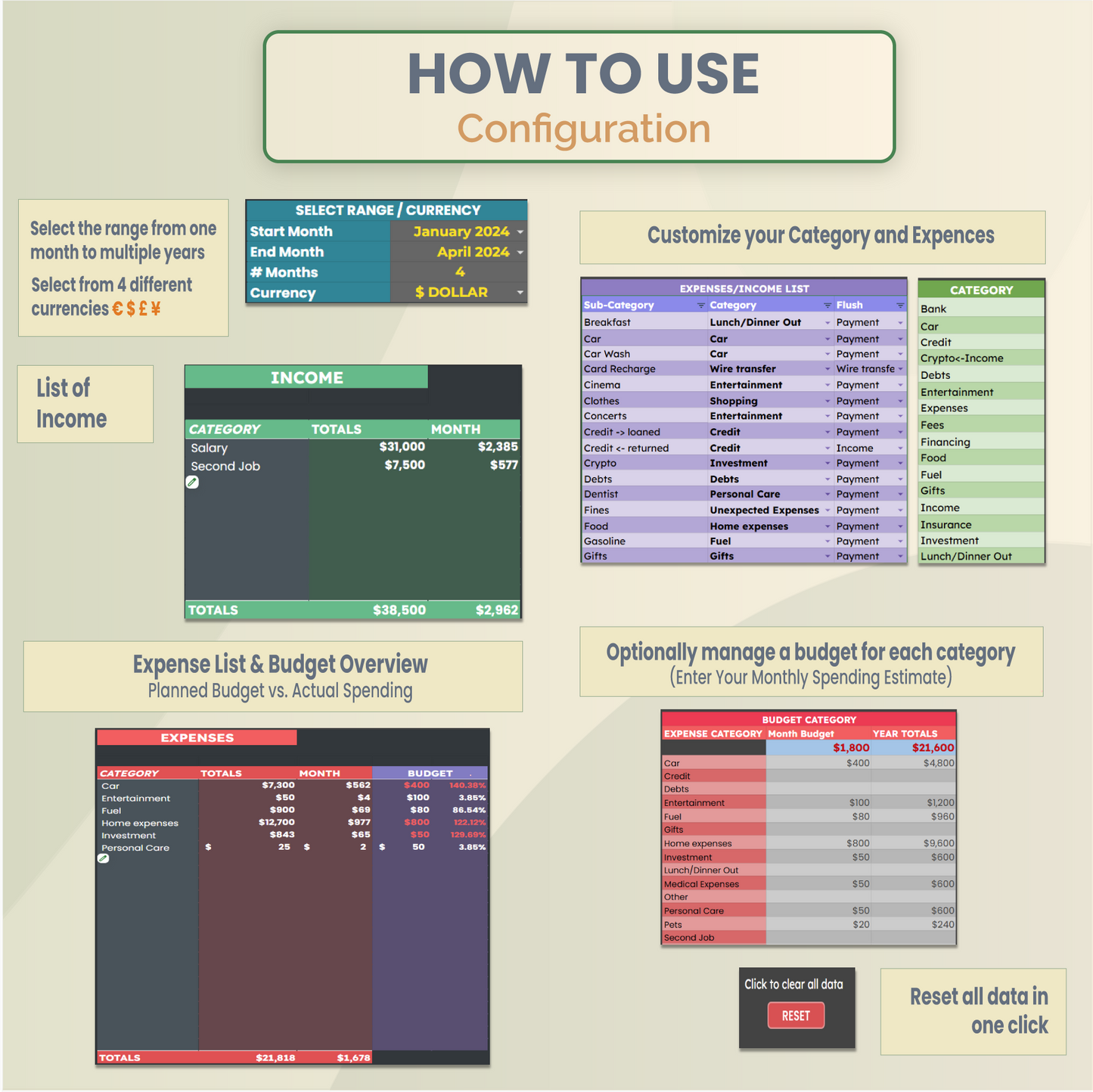 Google Sheets expense and budget manager configuration