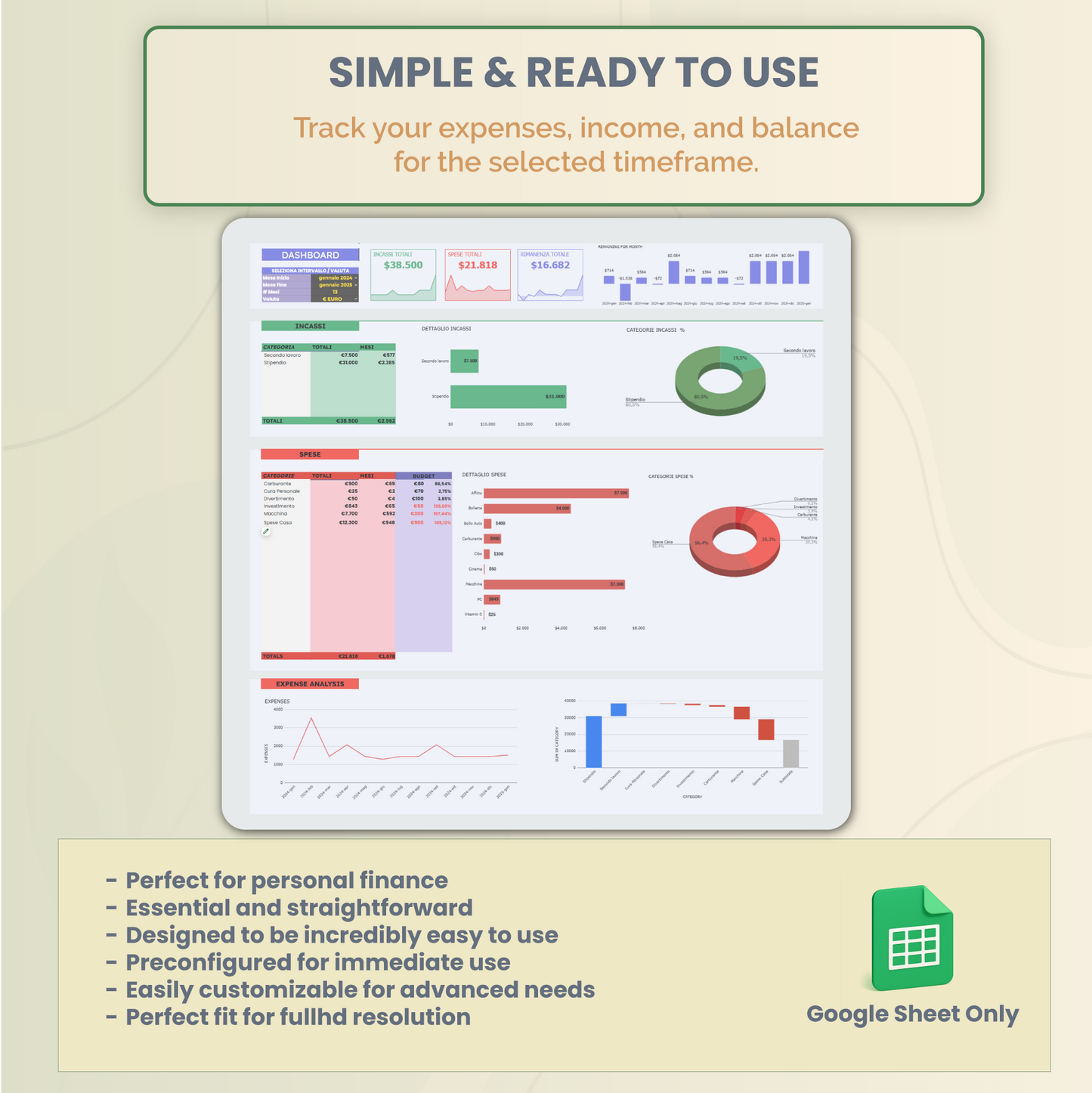 Google Sheets expense and budget manager light theme screenshot