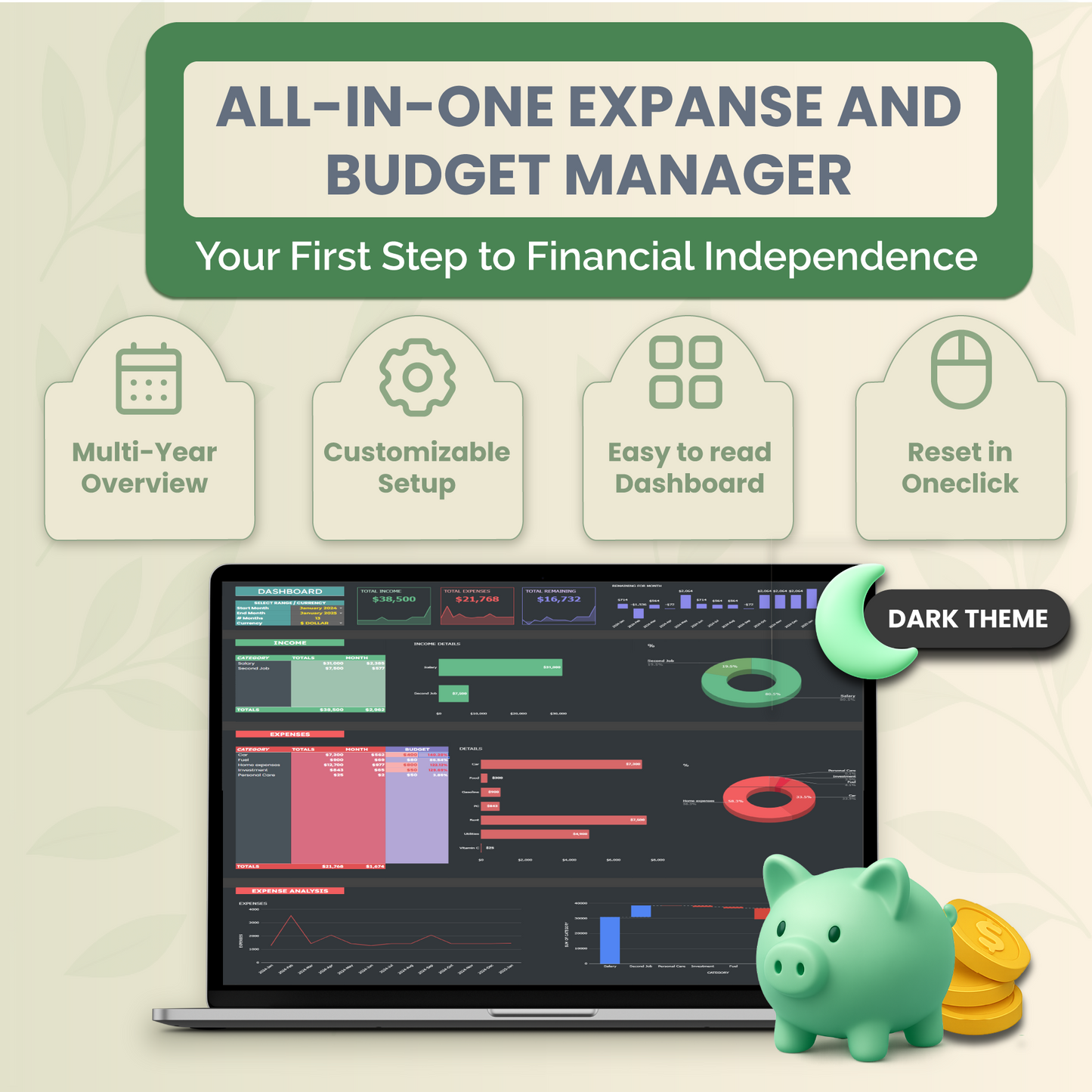 Google Sheets expense and budget manager dark theme
