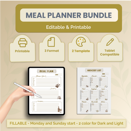 FREE Meal Planner Printable Fillable| Daily Food Journal, Grocery List, Food Diary, Meal Tracker