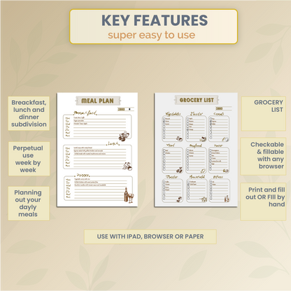FREE Meal Planner Printable Fillable| Daily Food Journal, Grocery List, Food Diary, Meal Tracker